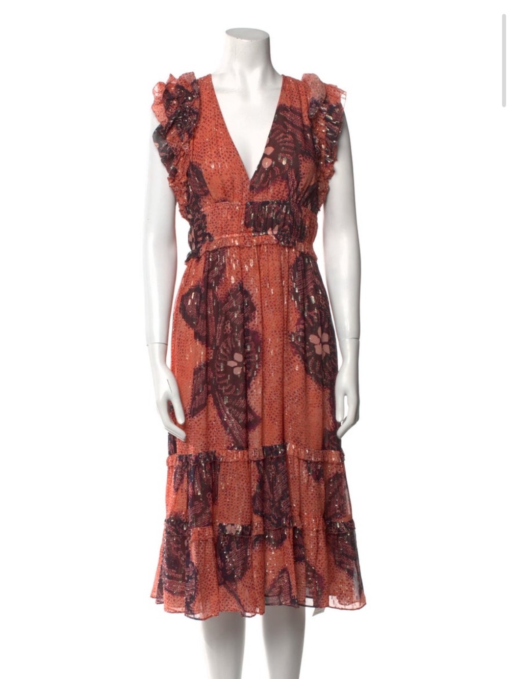 Ulla Johnson Rust Floral Tiered V-Neck Midi Dress